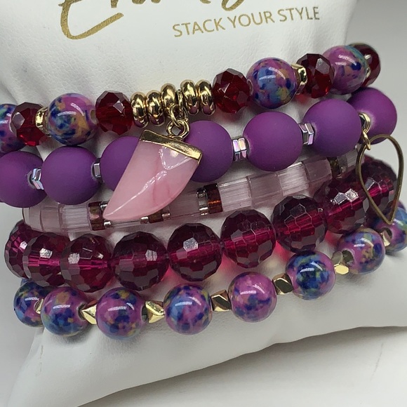 EUC Erimish Purple Me Stack 5 stretch bracelets- 2 charms magenta blue swirlbead - Picture 2 of 9